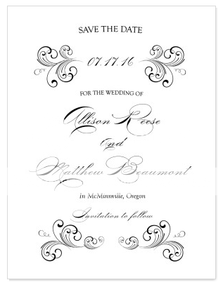 BLACK SCROLL SAVE THE DATE CARDS & ENVELOPES WEDDING  